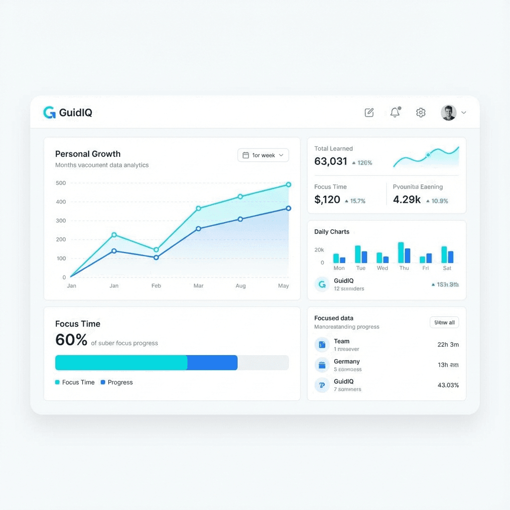 GuidIQ Analytics Dashboard showing personal growth and productivity metrics