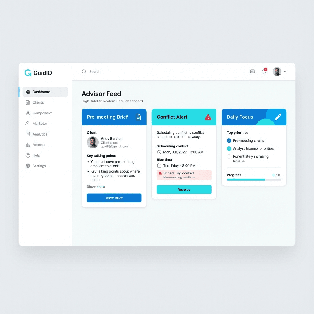 GuidIQ Advisor Feed showing intelligent daily briefing and conflict alerts